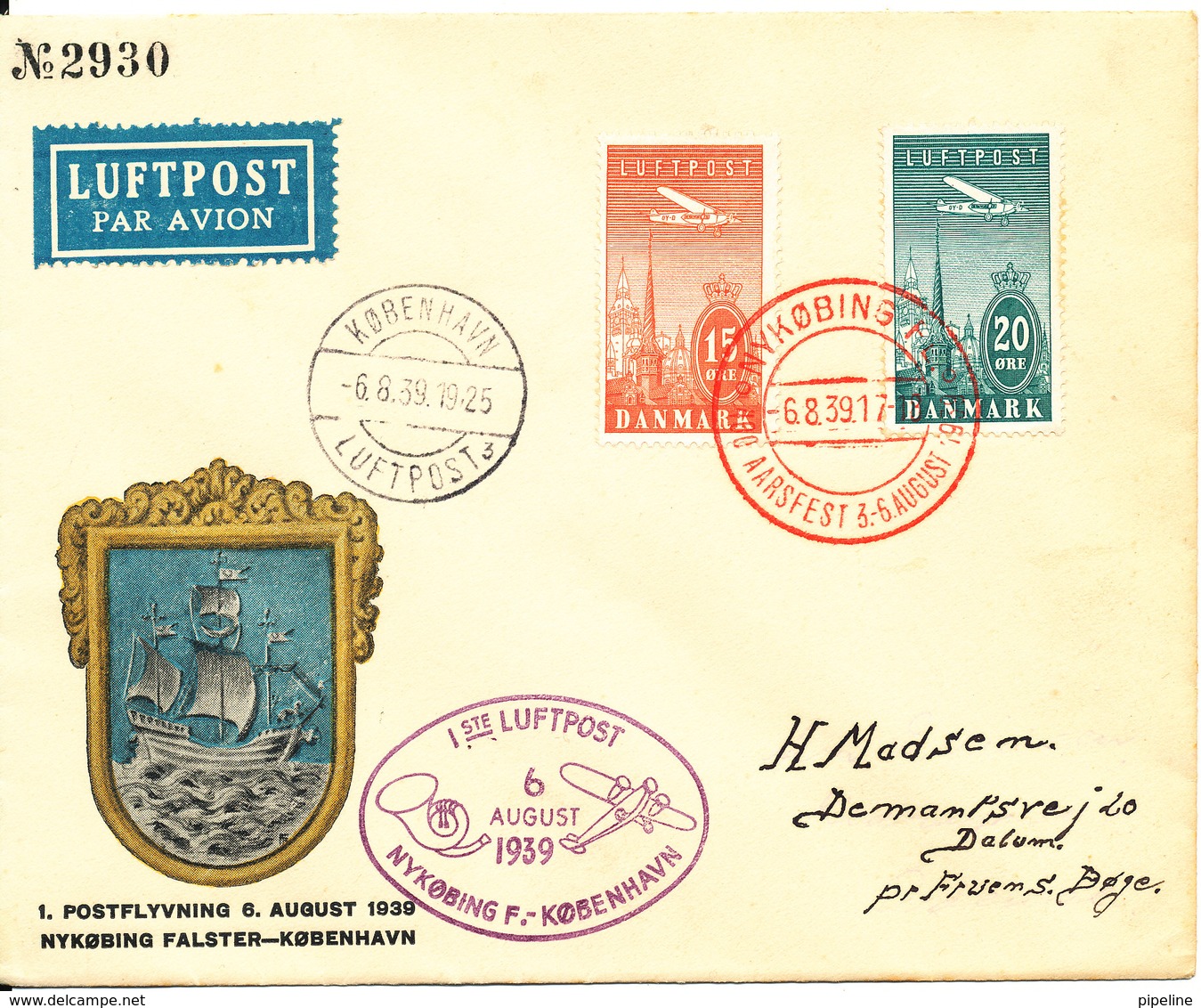 Denmark Cover First Air Mail Flight 6-8-1939 Nyköbing Falster - Copenhagen With Nice Postmarks And Cachet - Covers & Documents