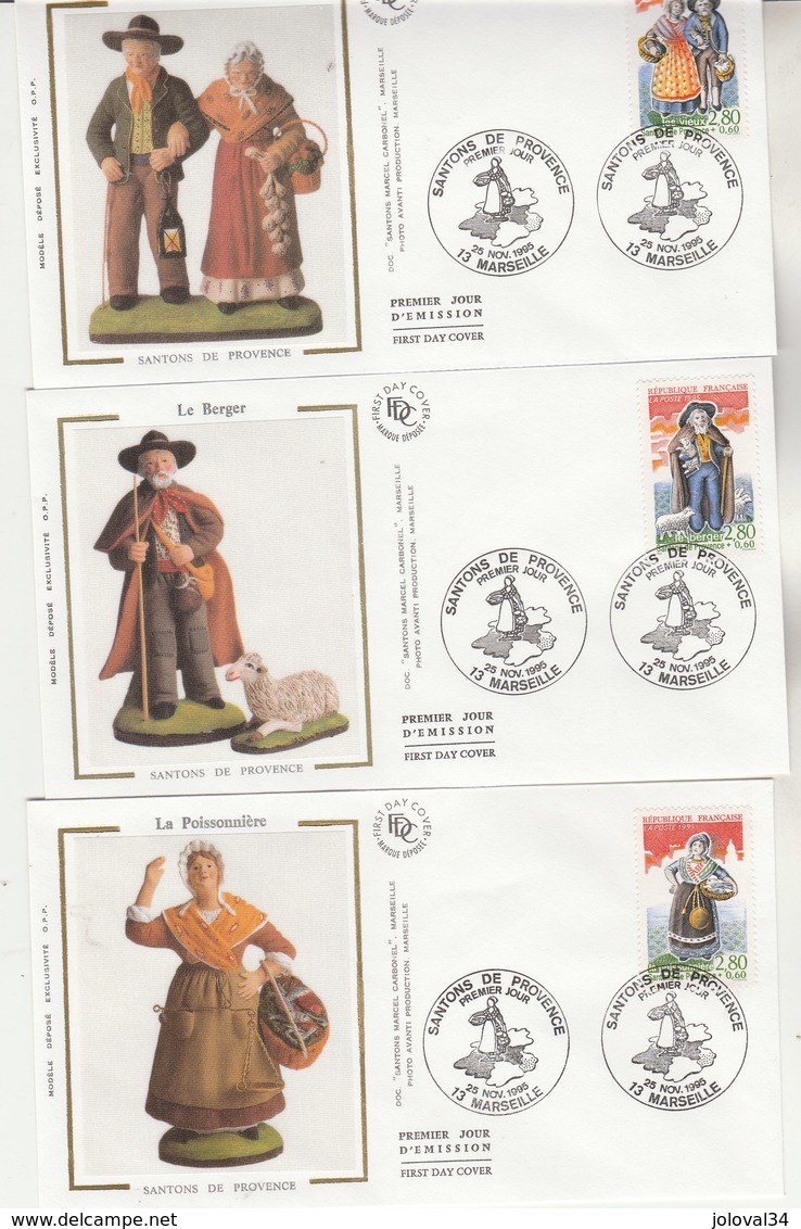 France Lot 6 Enveloppes  FDC Sur Soie 1995 Yvert  Série 2976 à 1981 Santons De Provence Marseille - 2 Scan - 1990-1999