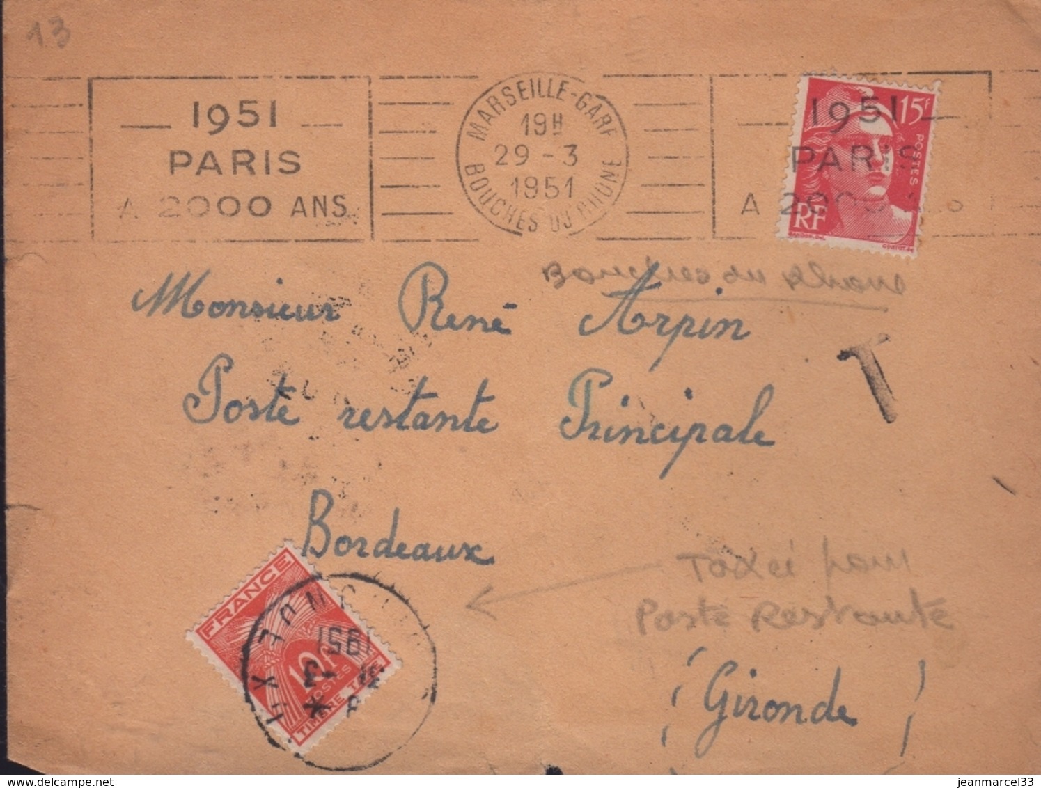 Taxe De Poste Restante Bordeaux RP 31-3 1951 Cachet Manuel Sur 10f Gerbe - 1859-1959 Lettres & Documents