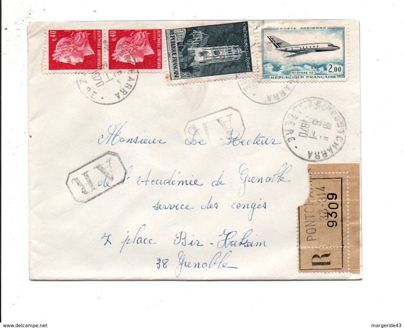 AFFRANCHISSEMENT COMPOSE SUR LETTRE RECOMMANDEE AR DE PONTCHARRA ISERE 1970 - 1961-....