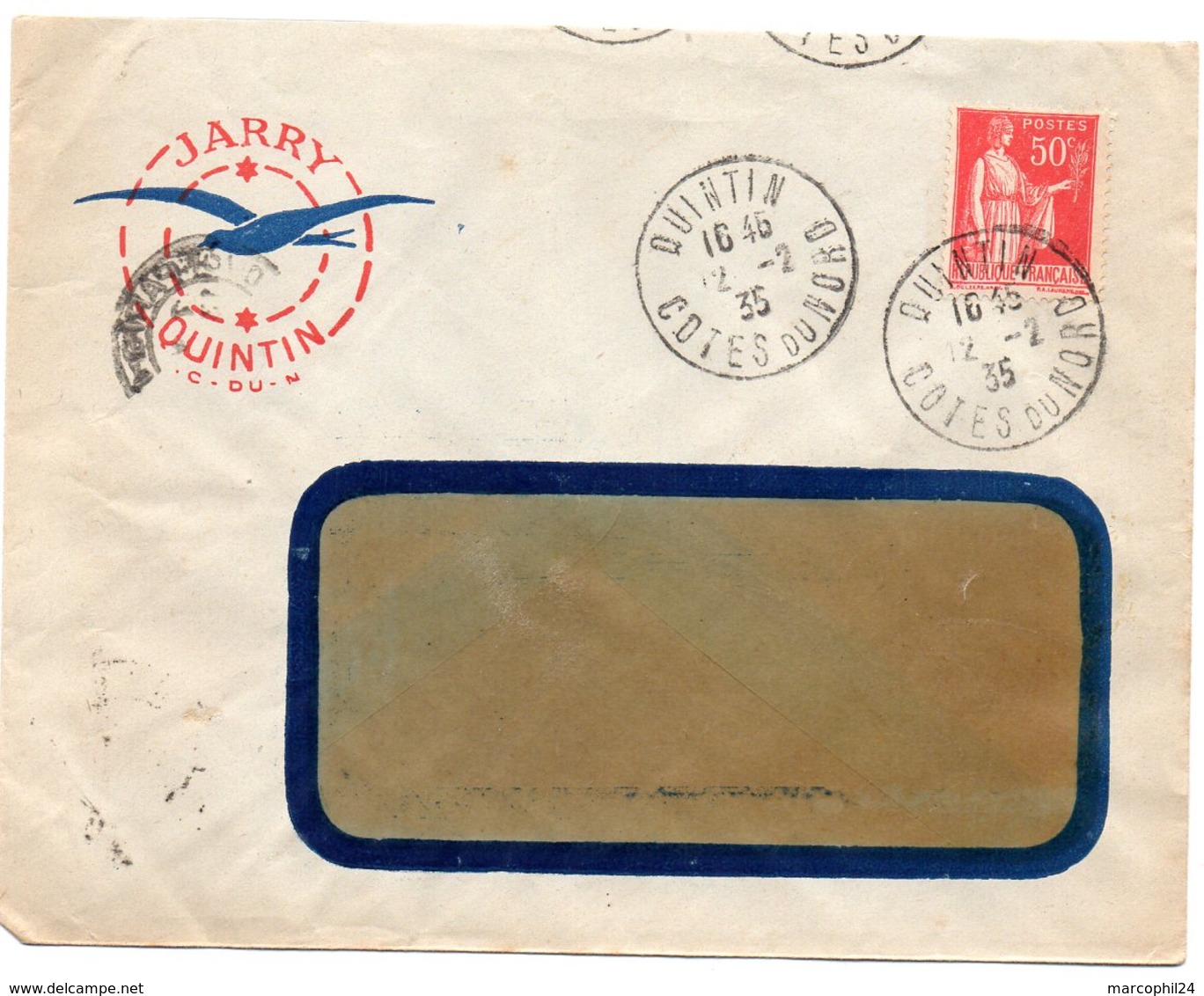 COTES Du NORD - Dépt N° 22 =  QUINTIN 1935 = CACHET MANUEL A4 + JARRY - Manual Postmarks