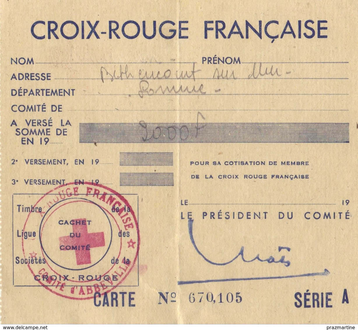 Carte D'adhérent à La Croix Rouge Française 1952 - Comité D'ABBEVILLE - Pubblicitari