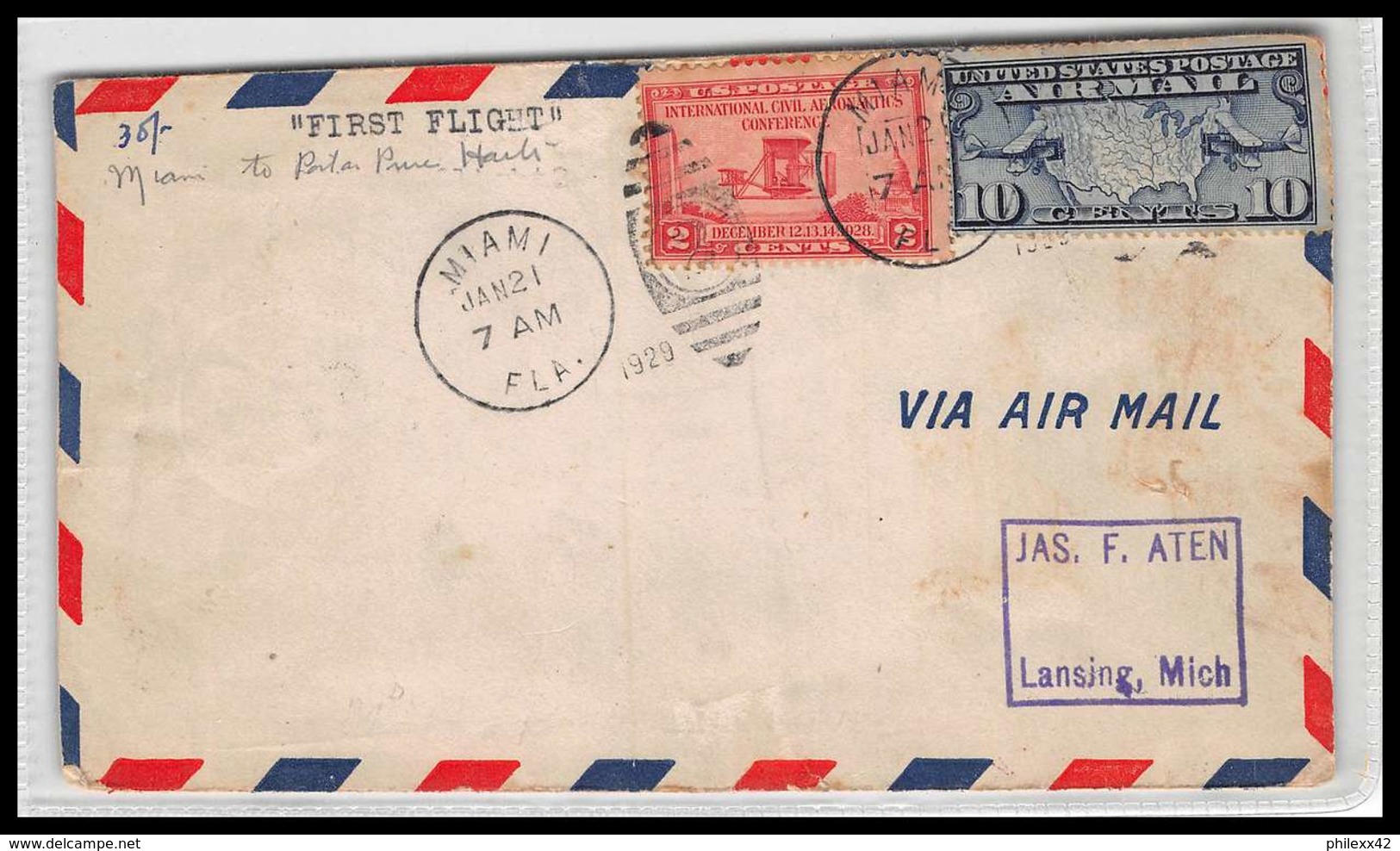 0304 Lettre USA Aviation Premier Vol (Airmail Cover First Flight Luftpost) 1929 Miami PORT AU PRINCE HAITI - 1c. 1918-1940 Lettres