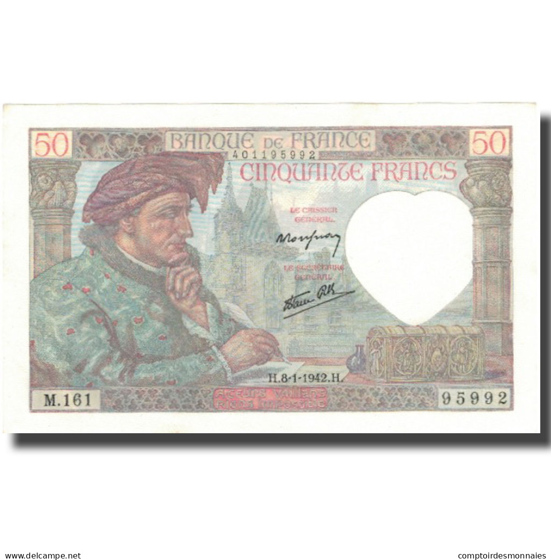 France, 50 Francs, Jacques Coeur, 1942, 1942-01-08, SPL+, Fayette:19.18, KM:93 - 50 F 1940-1942 ''Jacques Coeur''