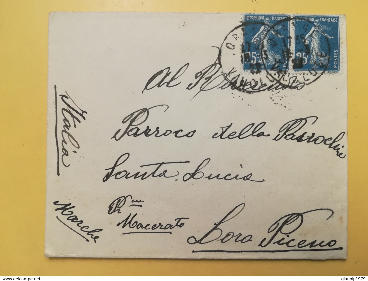 1922 BUSTA FRANCIA FRANCE BOLLO SEMEUSE SEMINATRICE ANNULLO ORANGE PER ITALY ANNULLO LORO PICENO - Storia Postale