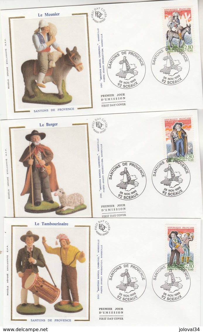 France Lot 6 Enveloppes  FDC Sur Soie 1995 Yvert  Série 2976 à 1981 Santons De Provence Sceaux - 2 Scan - 1990-1999