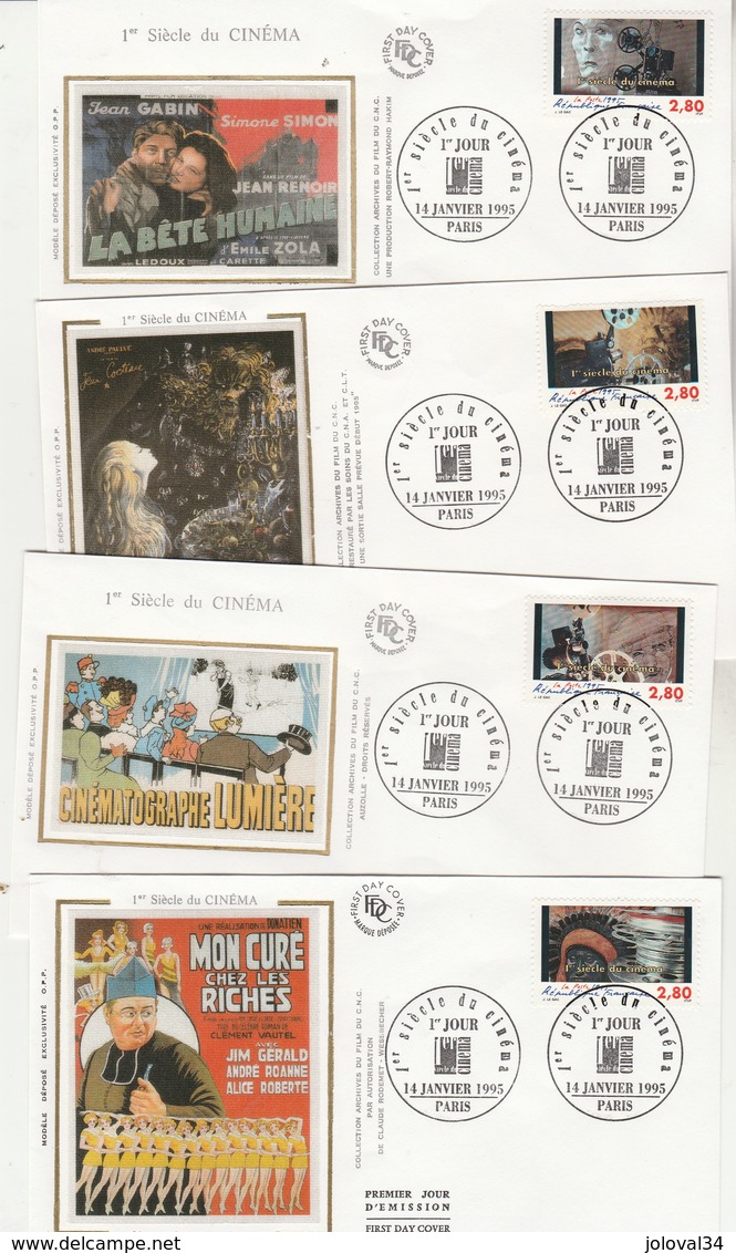 France Lot 4 Enveloppes FDC Sur Soie 1995 Yvert  Série 2919 à 2922 -  1 Er Siècle De Cinéma - Paris - 1990-1999