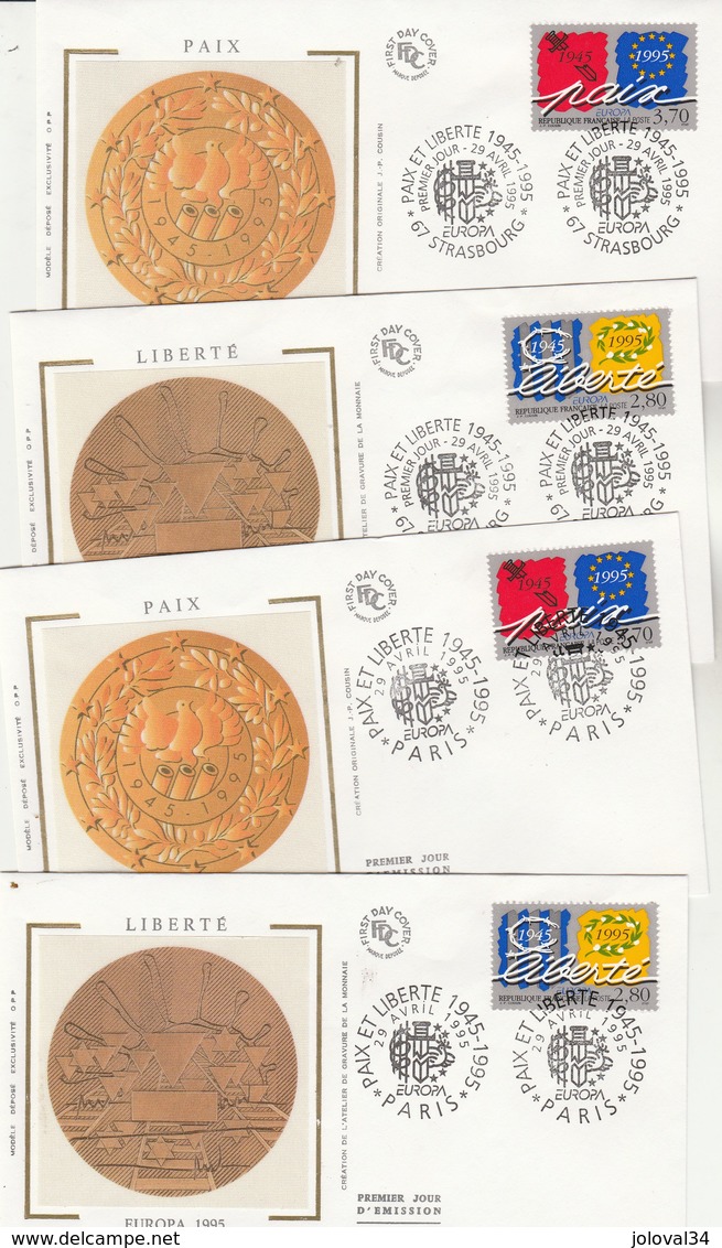 France Lot 4 Enveloppes FDC Sur Soie 1995 Yvert  Série 2941 Et 2942 X 2  EUROPA Paix Liberté Cachets Paris Et Strasbourg - 1990-1999