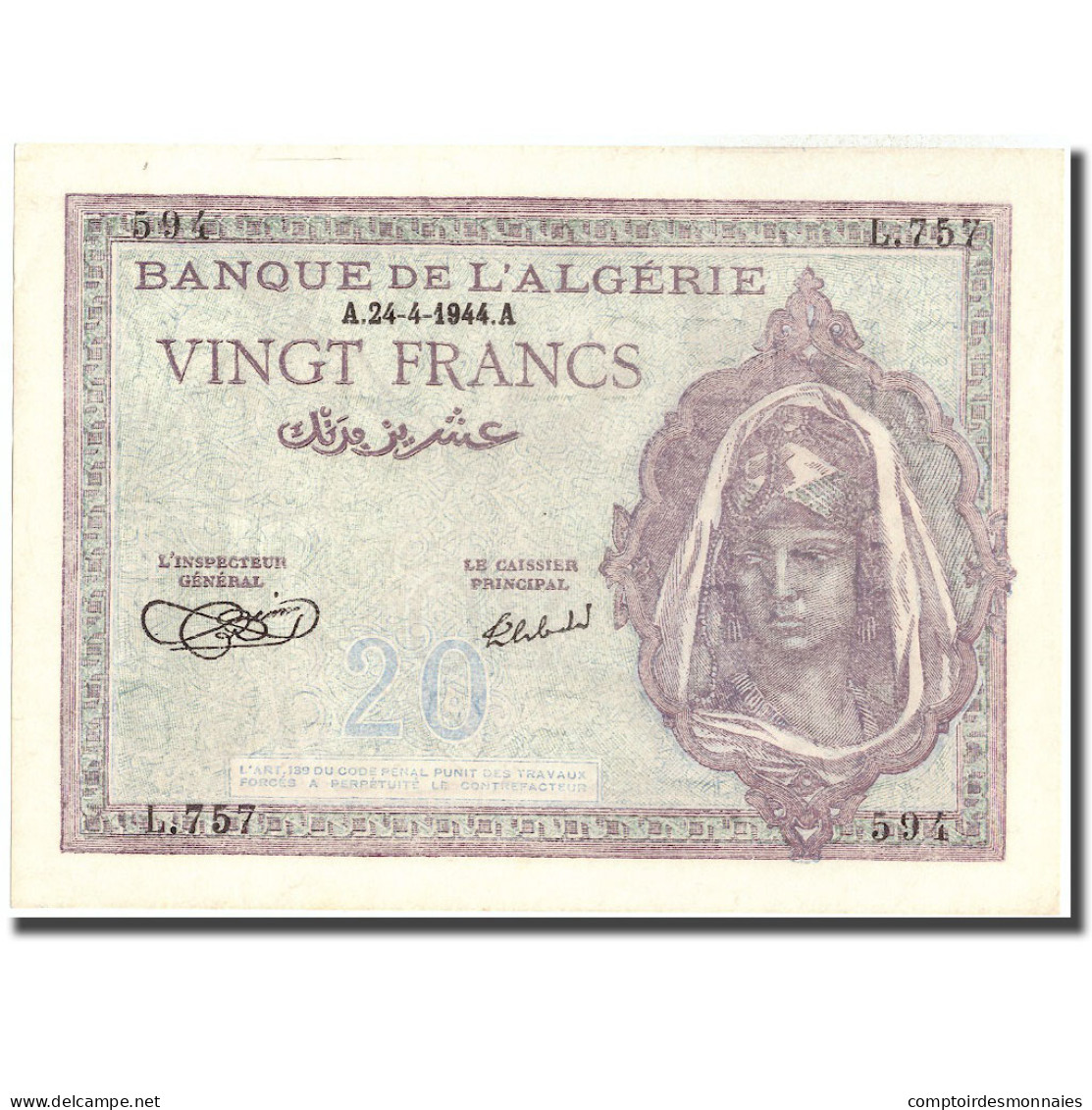 Billet, Algeria, 20 Francs, 1944, 1944-04-24, KM:92a, SUP+ - Algeria