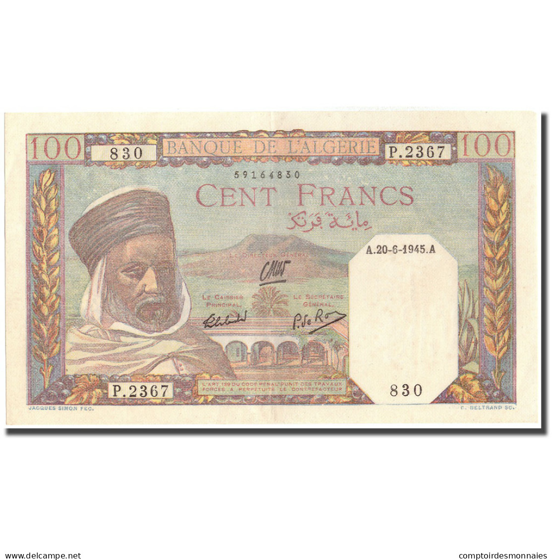 Billet, Algeria, 100 Francs, 1945, 1945-06-20, KM:85, SPL - Algeria