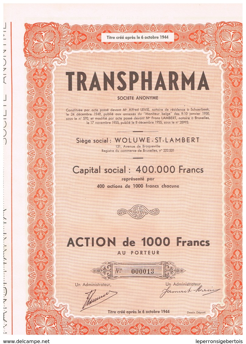 Titre Ancien - Transpharma - Société Anonyme - Titre De 1955 - Rare - Industrie