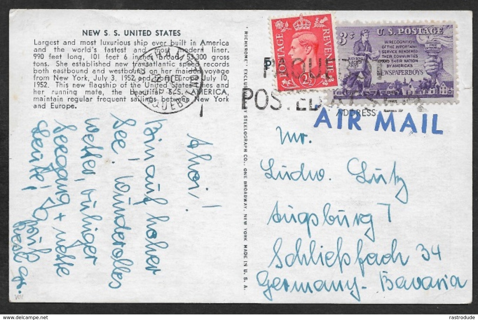 1952 - GB - US Mixed Seapost Franking + Airmail To Germany - S.S United States - Rare Combination - Lettres & Documents