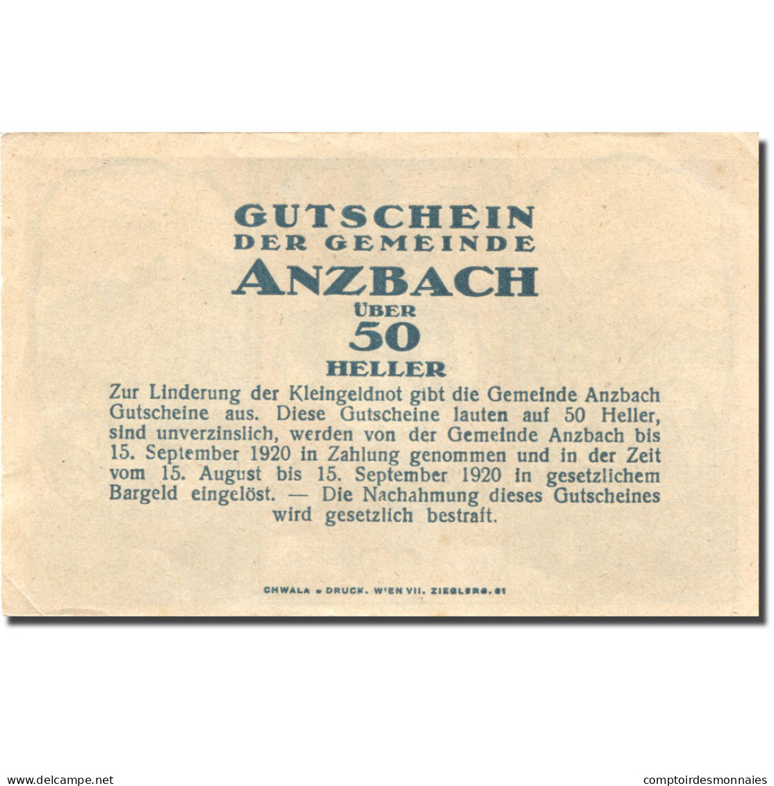 Billet, Autriche, Anzbach, 50 Heller, Village 1920-09-15, SUP+ Mehl:FS 48IAf - Austria