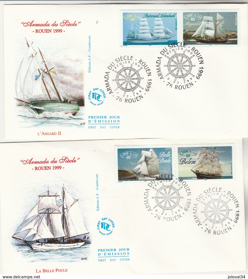 France Lot 5 Enveloppes FDC 1999 Yvert Série 3269 à 3278 Armada Du Siècle ROUEN - 2 Scan - Bateaux Voiliers - 1990-1999