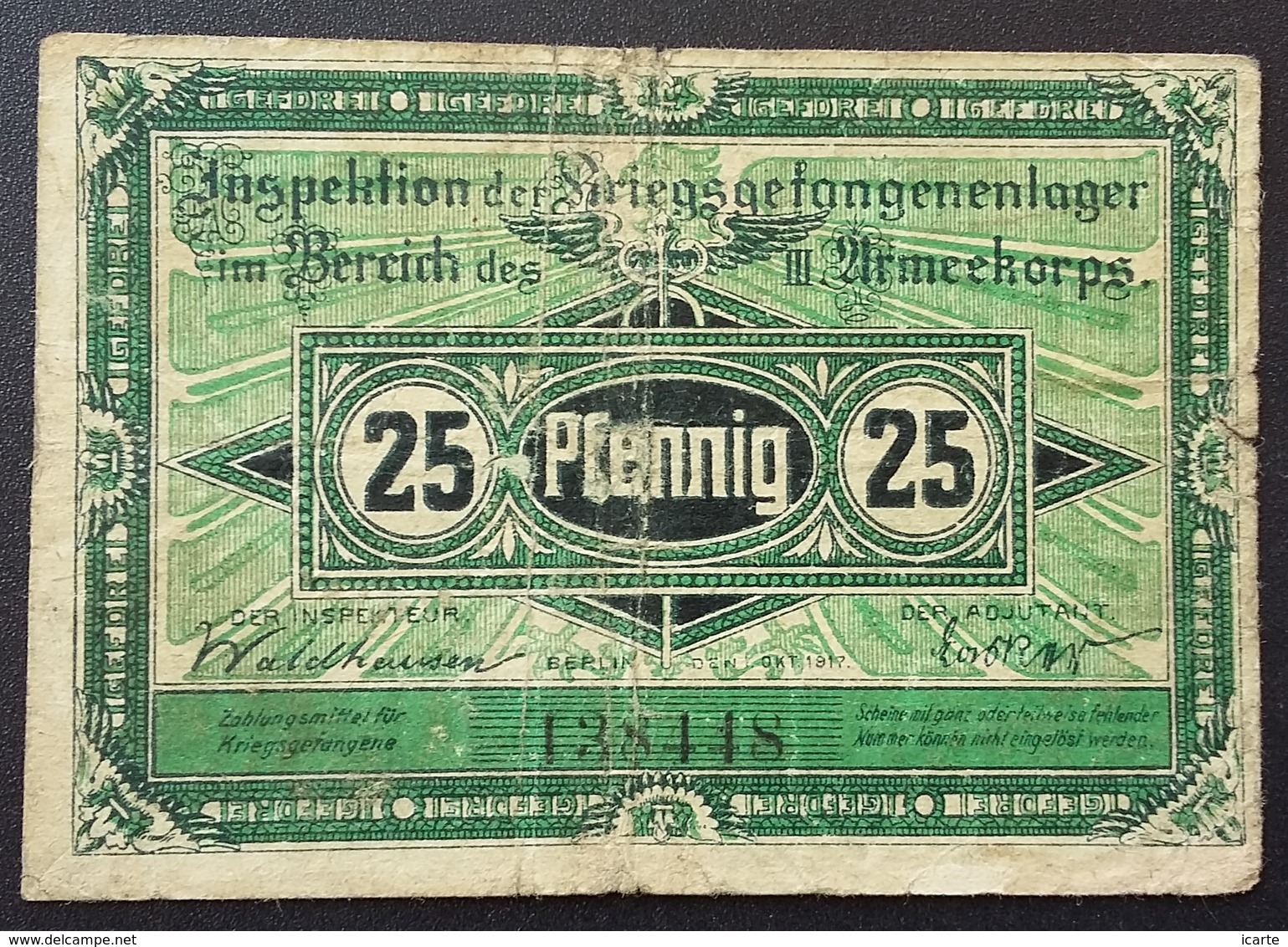 Billet 25 Pfennig LAGERGELD MONNAIE DE CAMP PRISONNIER DE GUERRE Kriegsgefangenenlager CROSSEN - Altri & Non Classificati