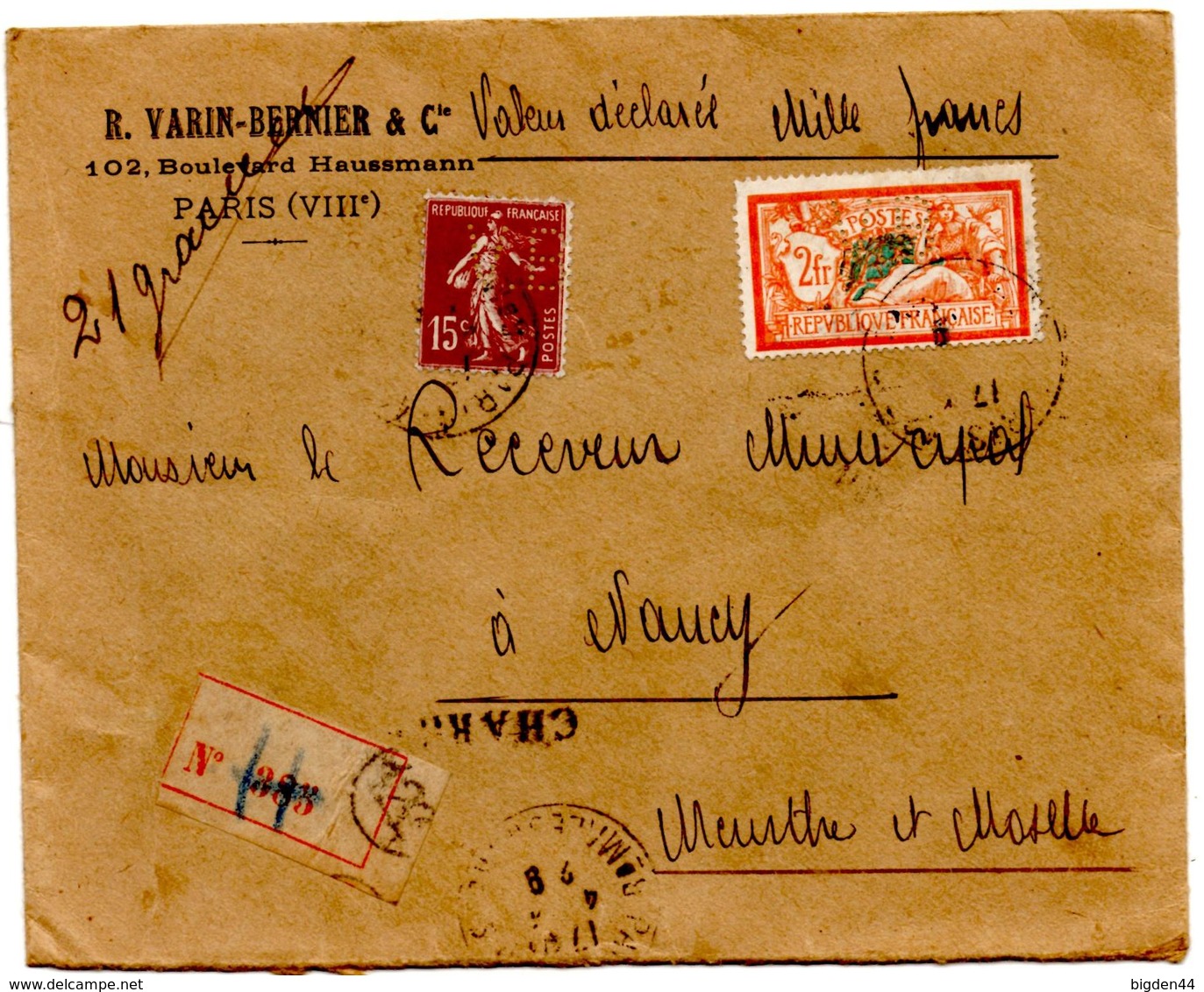 Lettre Chargée Valeur Mille Francs Varin Bernier De Paris (4.04.1929) Pour Nancy Timbres Perforés Perfins - 1921-1960: Modern Period