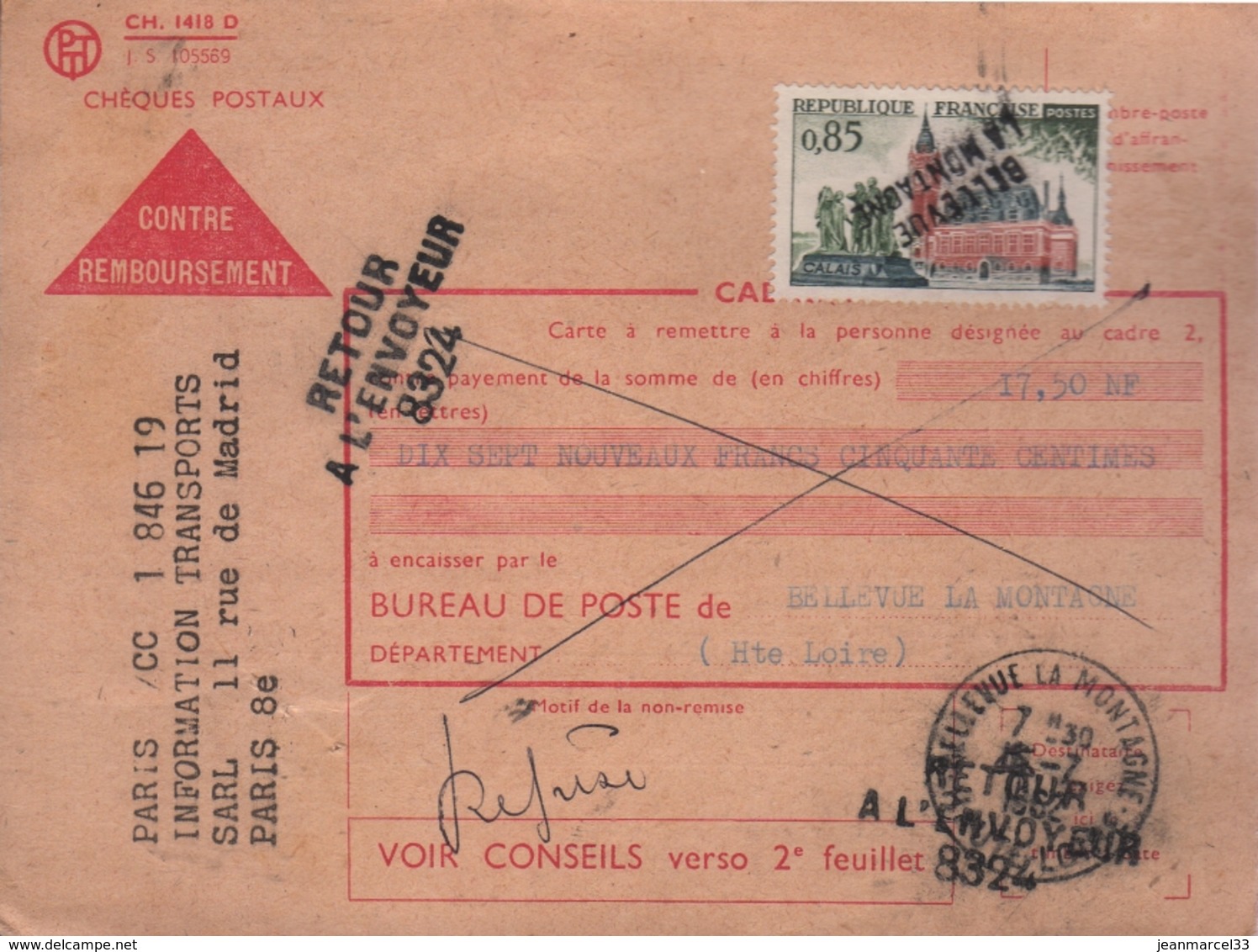 Lettre Griffée Timbre N° 1316 Oblitéré Avec Griffe "BELLEVUE LA MONTAGNE" Et Cachet Manuel I5 -7 I962 - Other & Unclassified