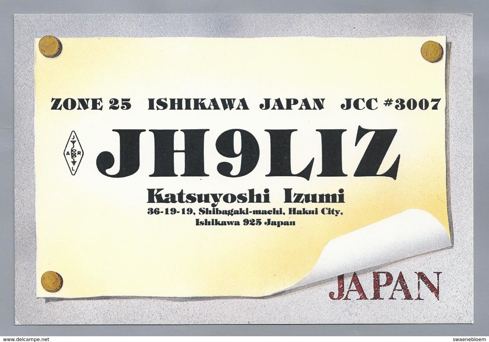 JP.- QSL KAART. CARD. JAPAN. JH9LIZ. KATSUYOSHI IZUMI. ISHIKAWA. JARL. - Radio-amateur