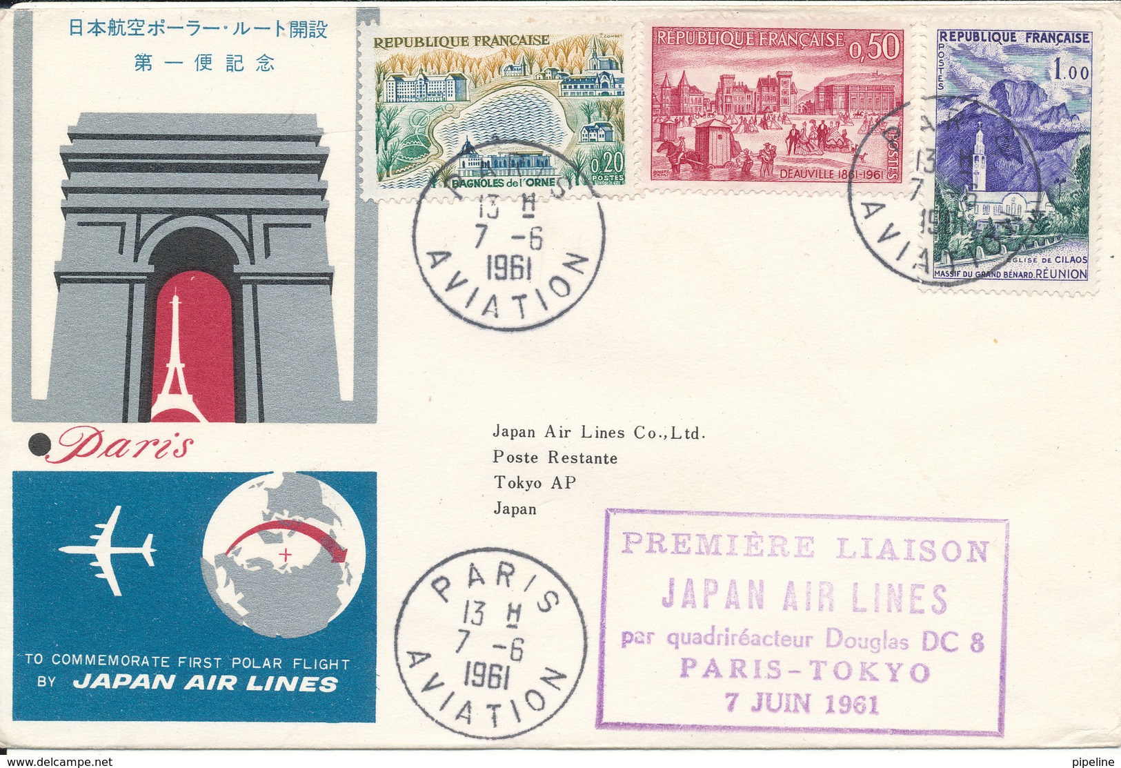 France First Flight Cover Japan Air Lines Paris - Tokyo 7-6-1961 - Covers & Documents