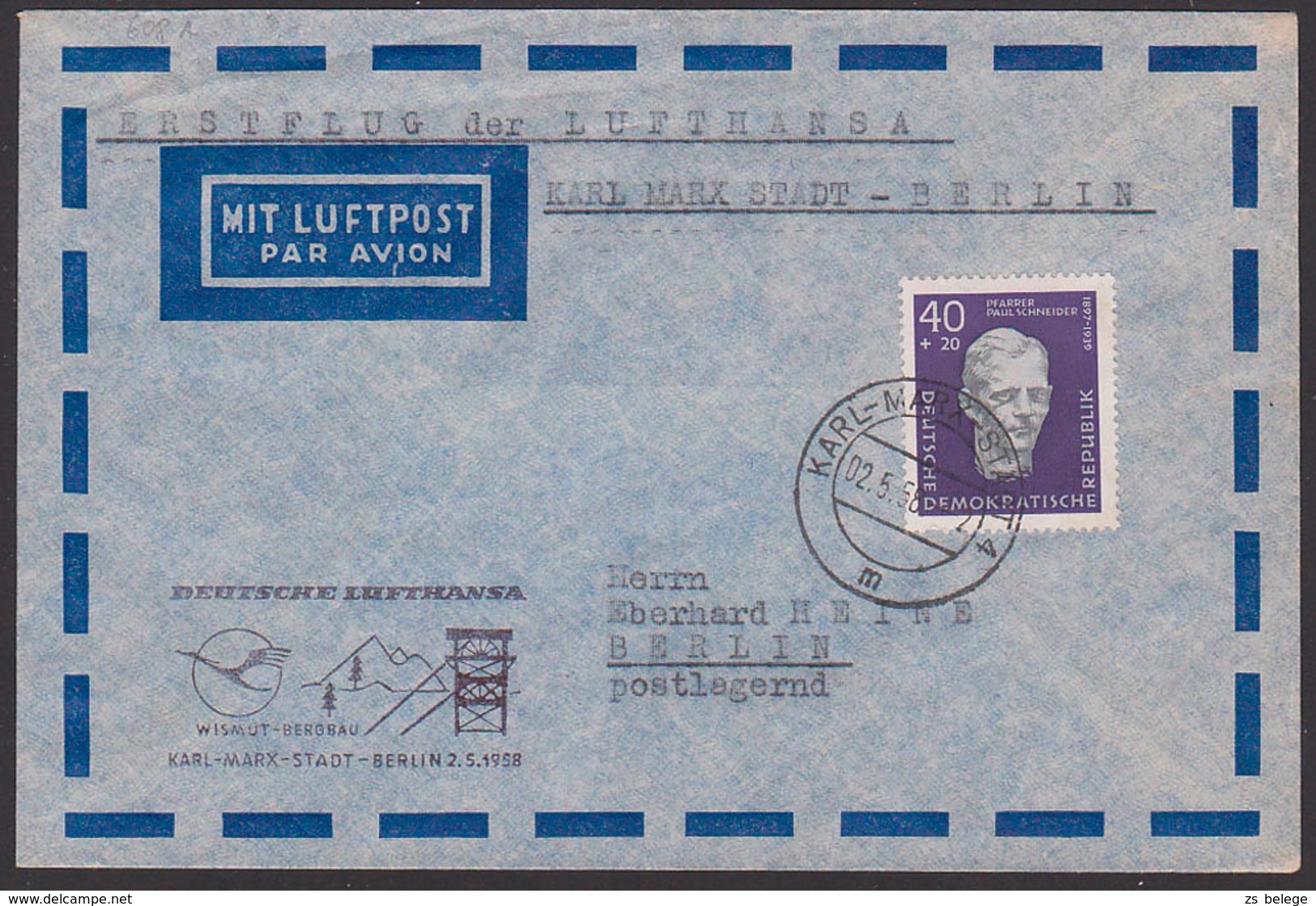 Pfarrer Paul Schneider 40+20 Pf. Theologe Deutsche Lufthansa Wismut - Bergbau, Montan, Karl-Marx-Stadt - Berlin, DDR 608 - Sonstige & Ohne Zuordnung