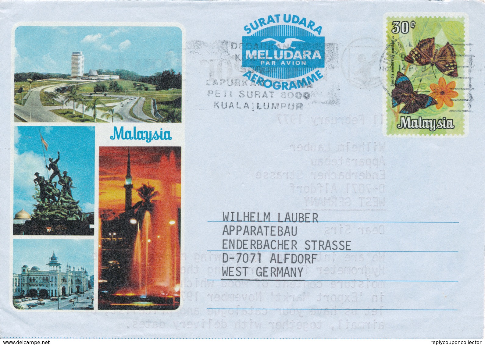 KUALA LUMPUR /  MALAYSIA - 1977  , Aerogramme - Nach Alfdorf - Malaysia (1964-...)