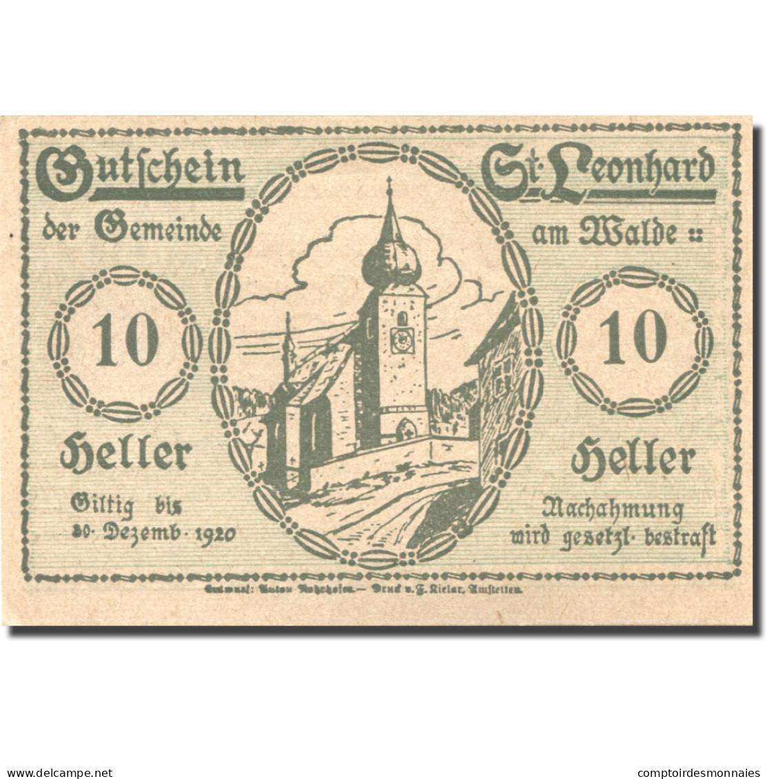 Billet, Autriche, St Leonhard 10 Heller, Eglise, 1920 SPL Mehl:FS 902b - Austria