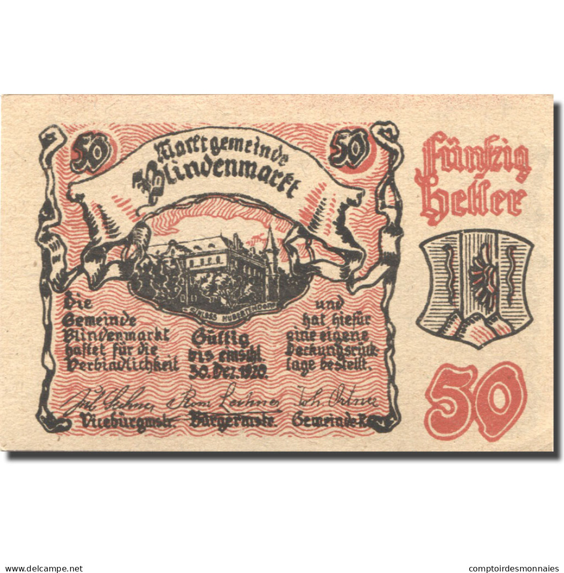 Billet, Autriche, Blindenmarkt, 50 Heller, Château, 1920 SPL  Mehl:FS 93IIa - Austria