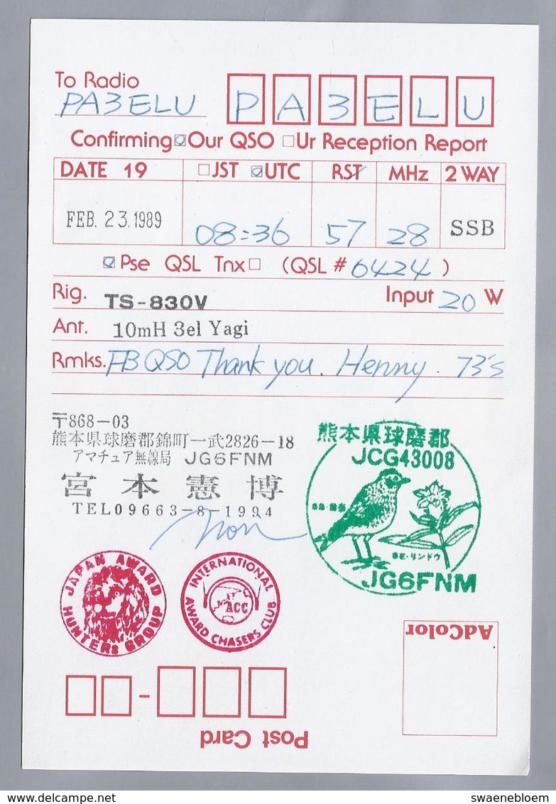 JP.- QSL KAART. CARD. JAPAN. JG6FNM. NORIHIRO 'NORI' MIYAMOTO, KUMAMOTO. JAPAN CRAZY CONTESTERS CLUB. HUNTERS GROUP. - Radio-amateur