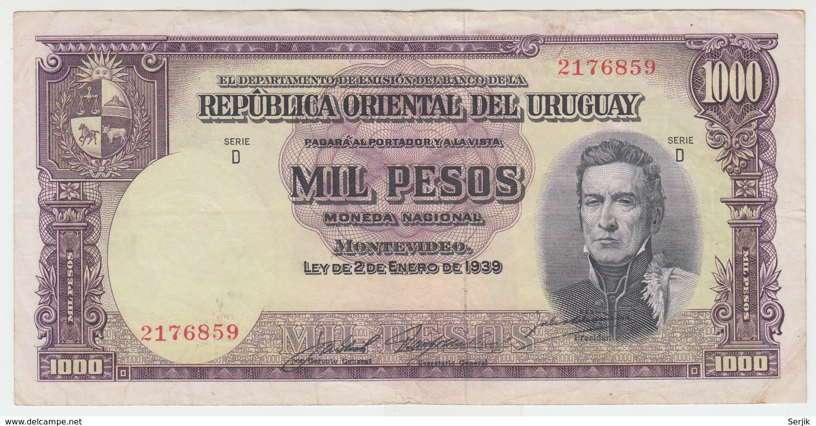 URUGUAY 1000 Pesos 1939 VF Pick  41c - Uruguay