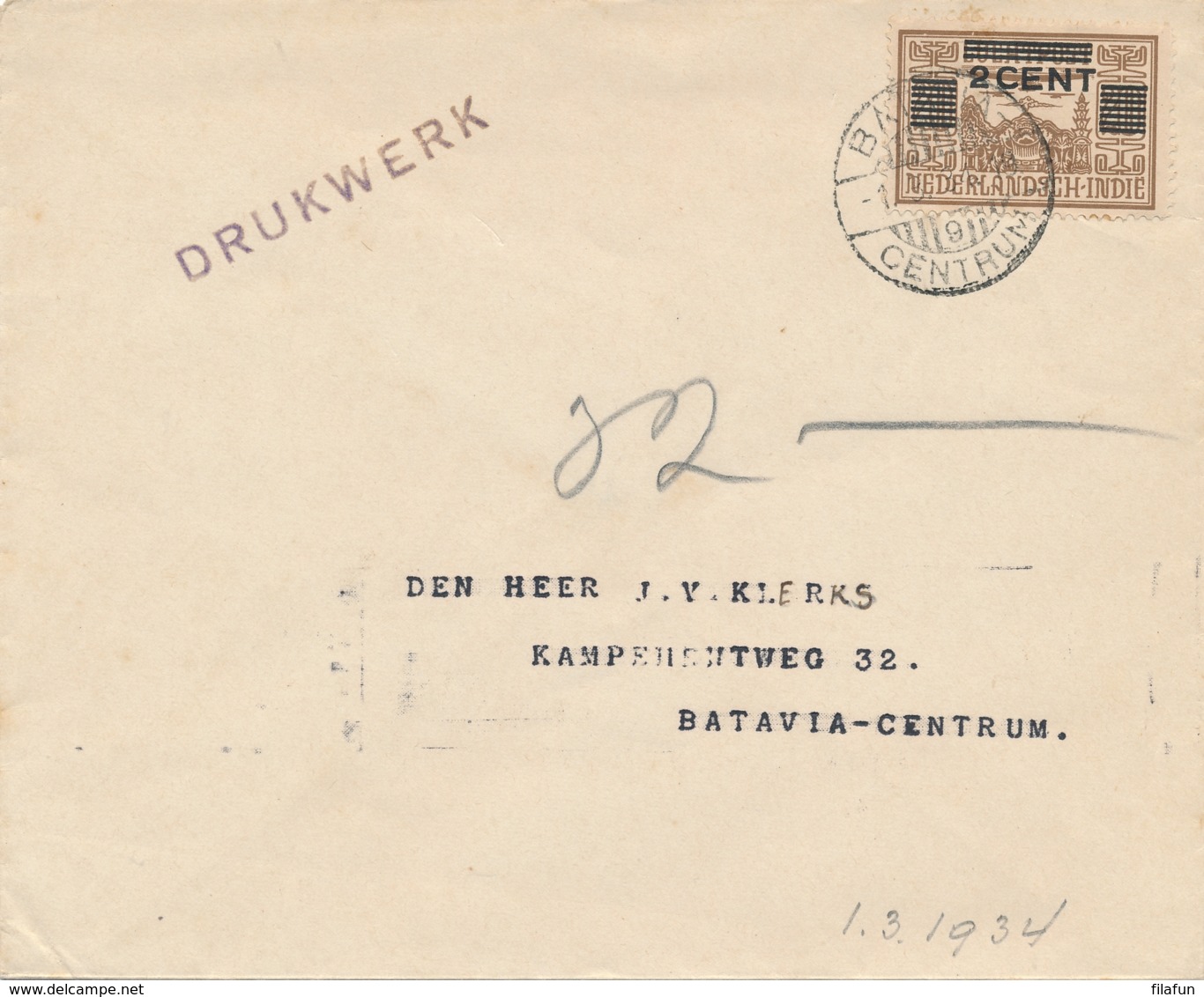 Nederlands Indië - 1934 - 2 Cent Opdruk Op LP-zegel - Enkelfrankering Op Drukwerk Lokaal Batavia - Niederländisch-Indien