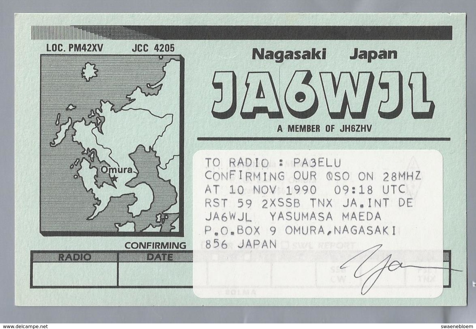 JP.- QSL KAART. CARD. JAPAN. JA6WJL. A MEMBER OF JH6ZHV. YASUMASA MAEDA. NAGASAKI. - Radio-amateur