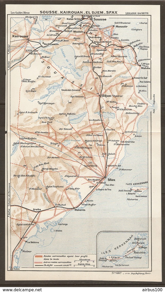 CARTE PLAN 1934 N° 687 - TUNISIE TUNISIA ROUTES CHEMINS De FER SOUSSE KAIROUAN EL DJEM SFAX ILES KERKENNAH - Topographical Maps