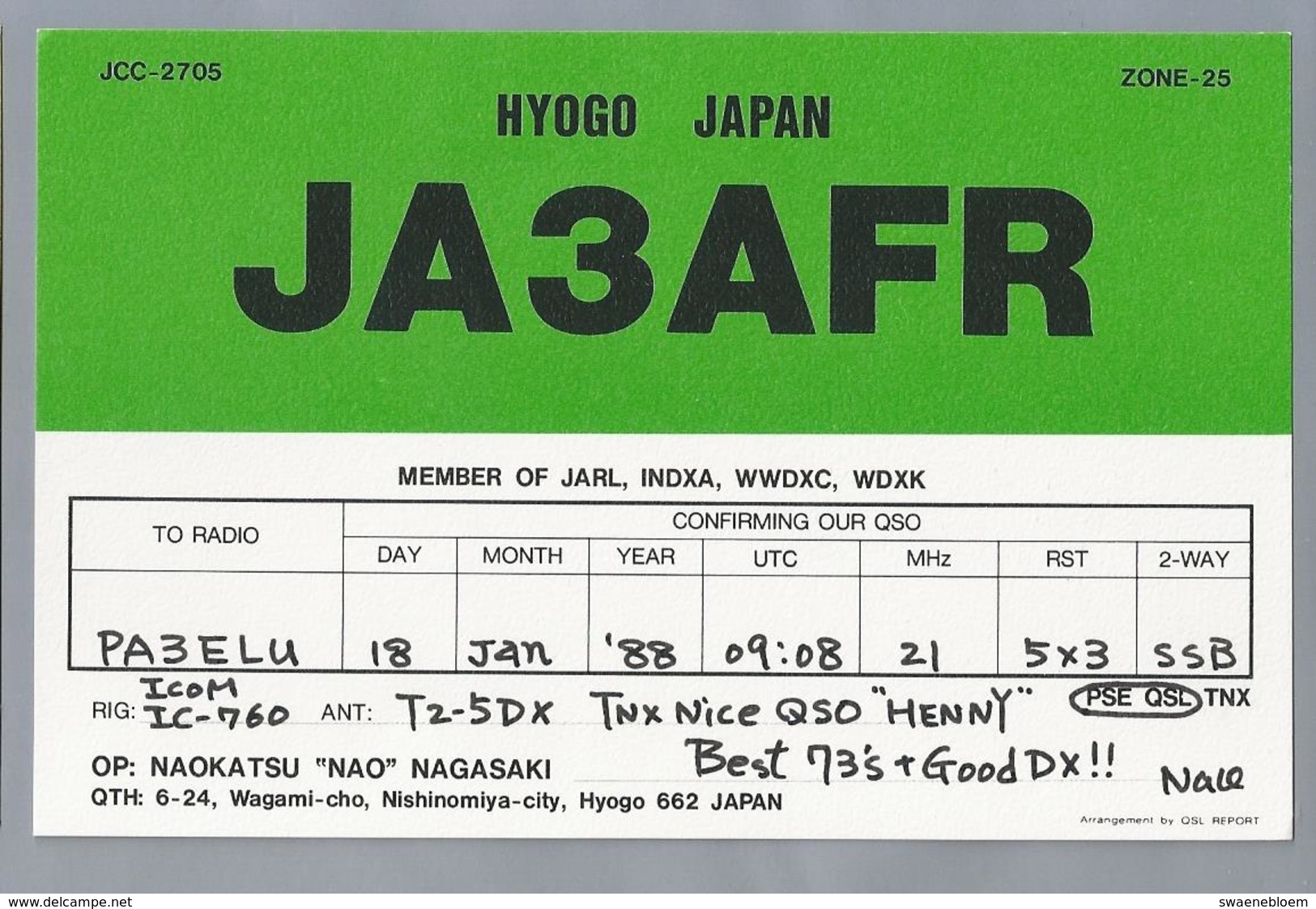 JP.- QSL KAART. CARD. JAPAN. JA3AFR. OP: NAOKATSU - NAO - NAGASAKI. HYOGO. - Radio Amateur