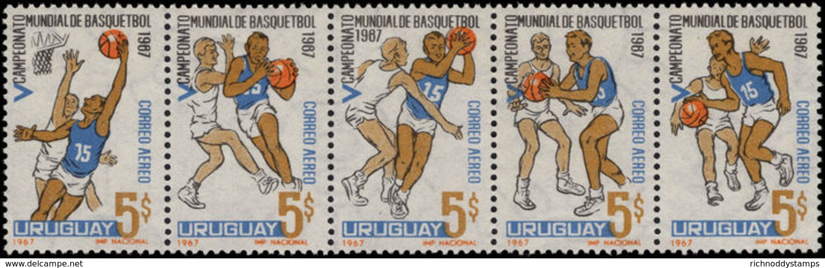 Uruguay 1967 Basketball Strip (folded) Unmounted Mint. - Uruguay