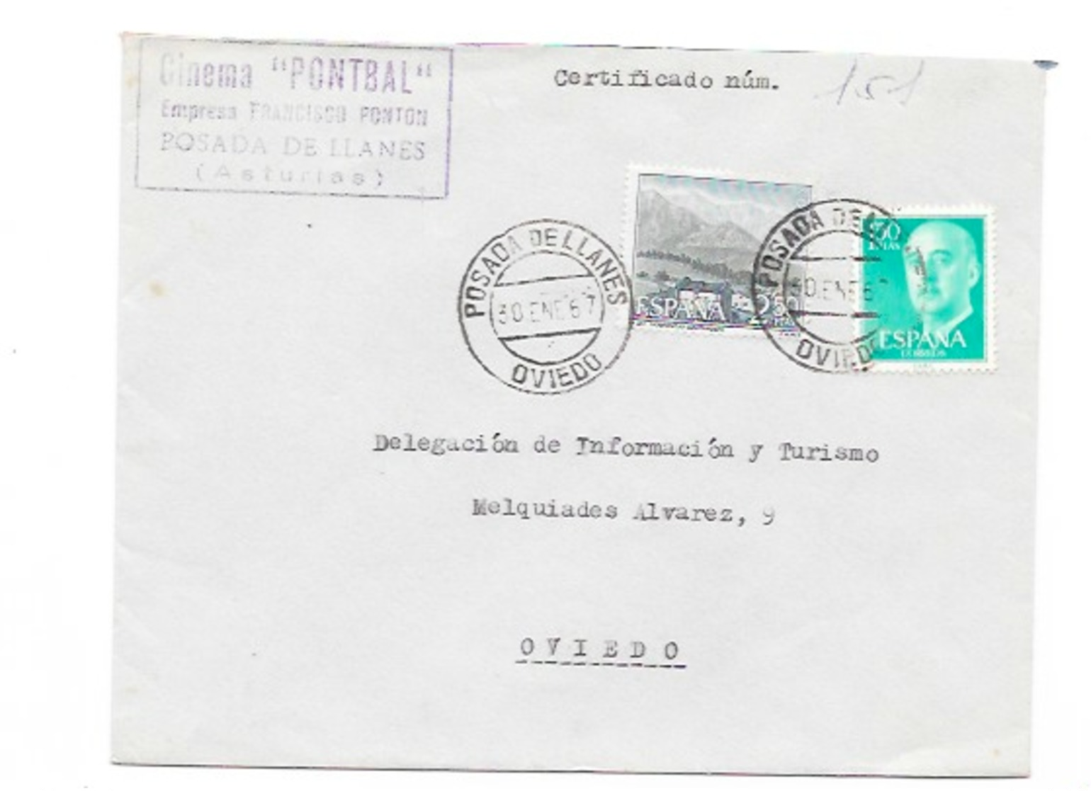 1967 ASTURIAS - CARTA CERTIFICADA DE POSADA DE LLANES A OVIEDO , CINE PONTBAL -ASPH1 - Covers & Documents