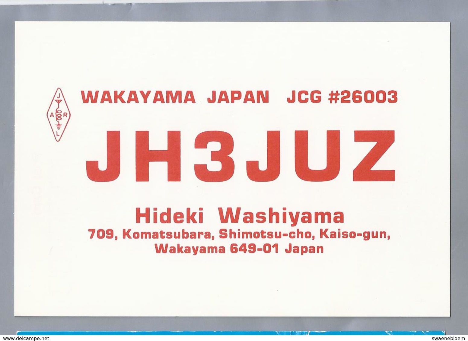 JP.- QSL KAART. CARD. JAPAN. JH3JUZ. HIDEKI WASHIYAMA. WAKAYAMA. JARL. - Radio-amateur