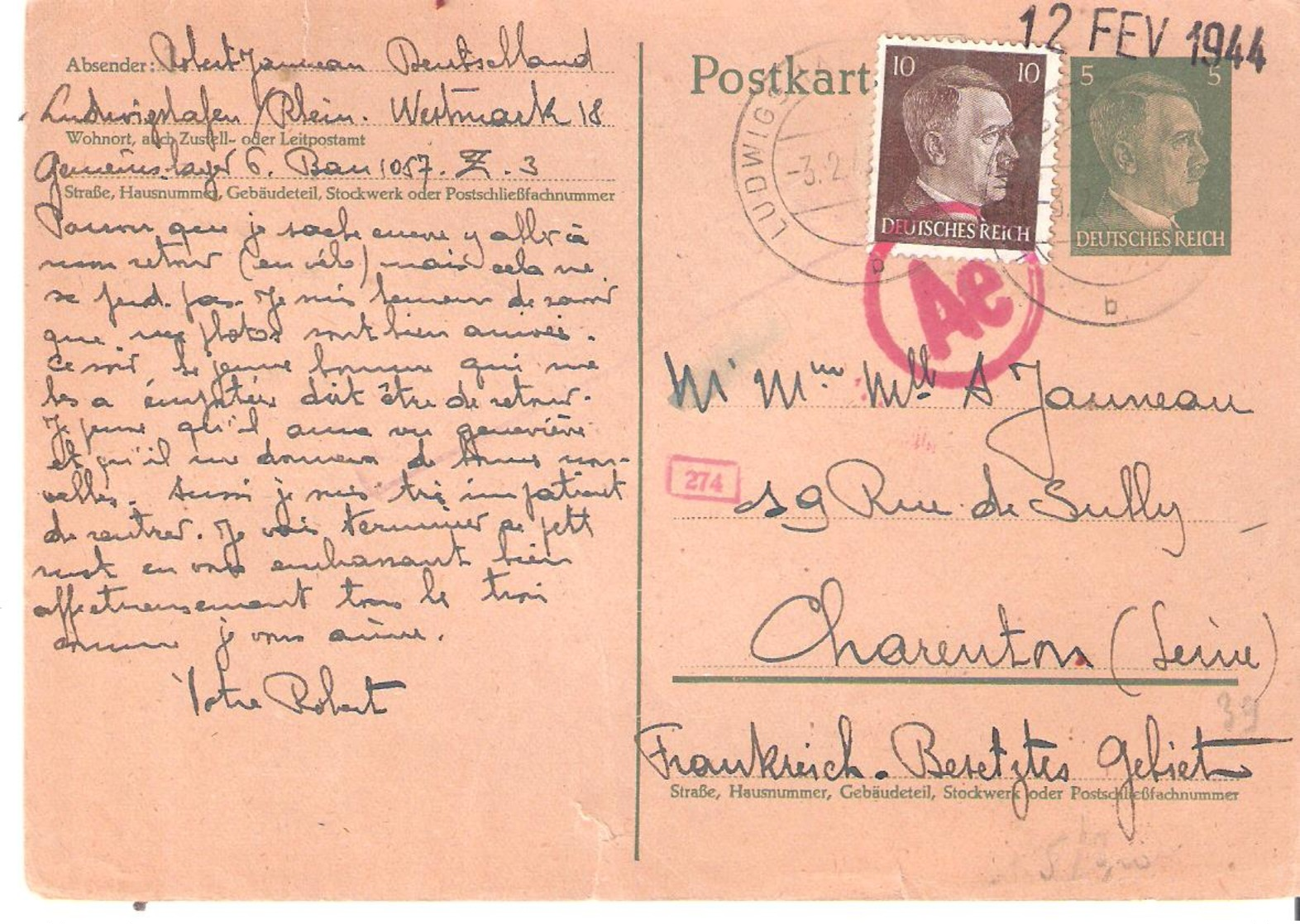 Courrier D'un Travailleur Du S.T.O. à LUDWIGSHAFFEN Adressé à CHARENTON - Guerre De 1939-45