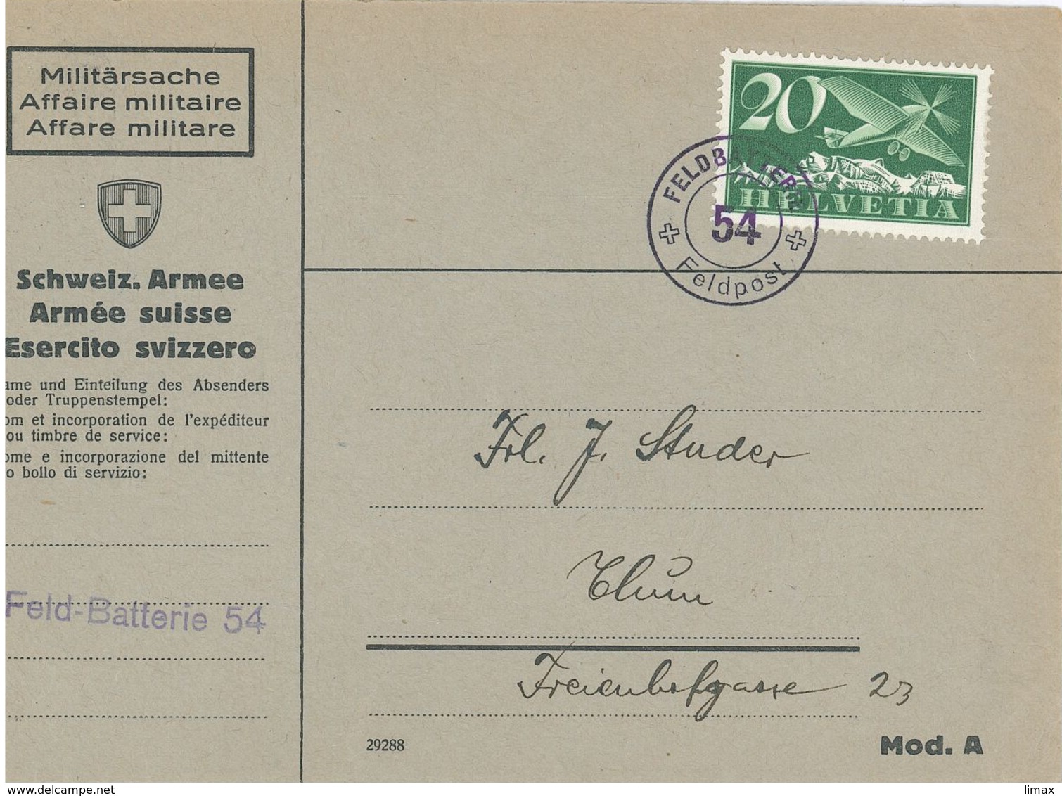 Kuvert Feldbatterie 54 Feldpost Armee - Brief Nach Thun - Abstempelungen