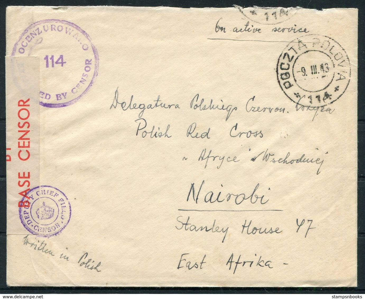 1943 Egypt O.A.S. Polish Forces Fieldpost 114 Censor Cover - Polish Red Cross, Nairobi Kenya. E.A. A.P.O. 86 - Covers & Documents