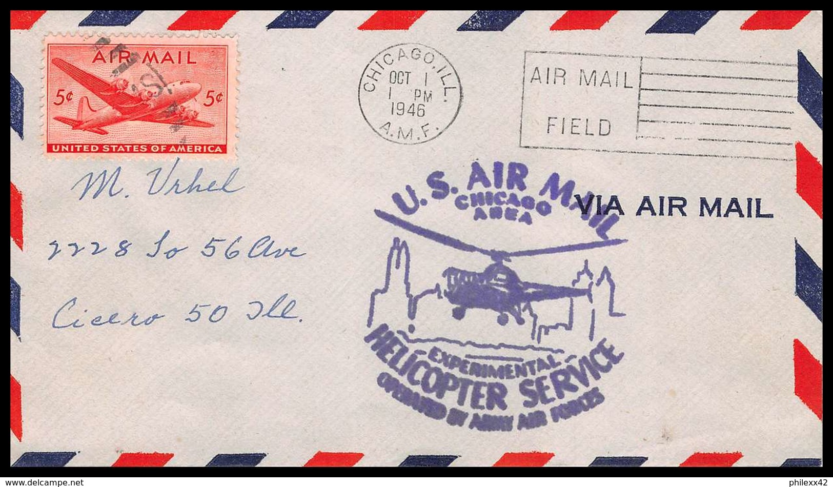 0871 Lettre USA Hélicoptère Helicopter Aviation Premier Vol (Airmail Cover First Flight Luftpost) 1946 Chicago - 2c. 1941-1960 Covers