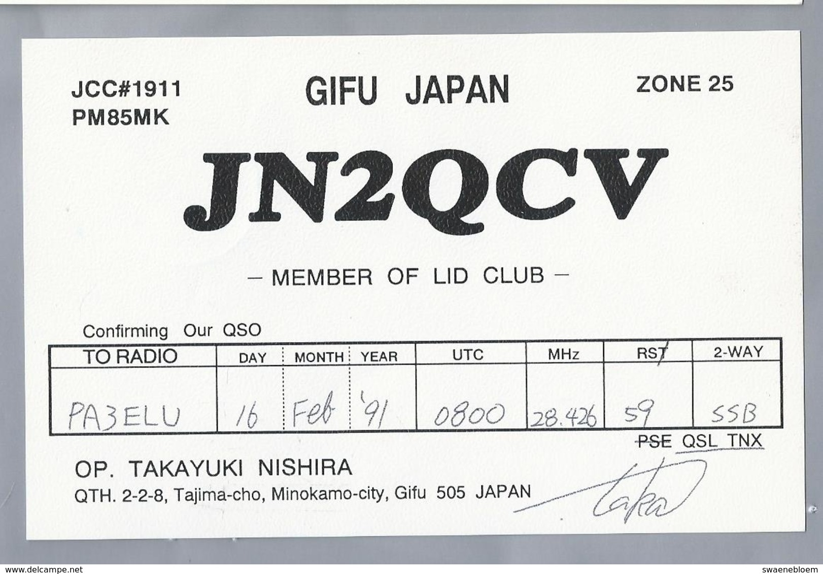 JP.- QSL KAART. CARD. JAPAN. JN2QCV. OP: TAKAYUKI NISHIRA. MINOKAMO CITY, GIFU. - Radio-amateur