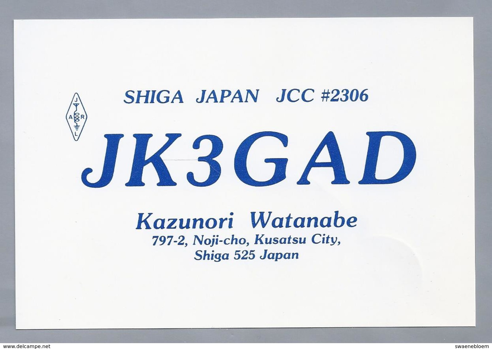 JP.- QSL KAART. CARD. JAPAN. JK3GAD. KAZUNORI WATANABE, KUSATSU CITY, SHIGA. JARL. - Radio-amateur