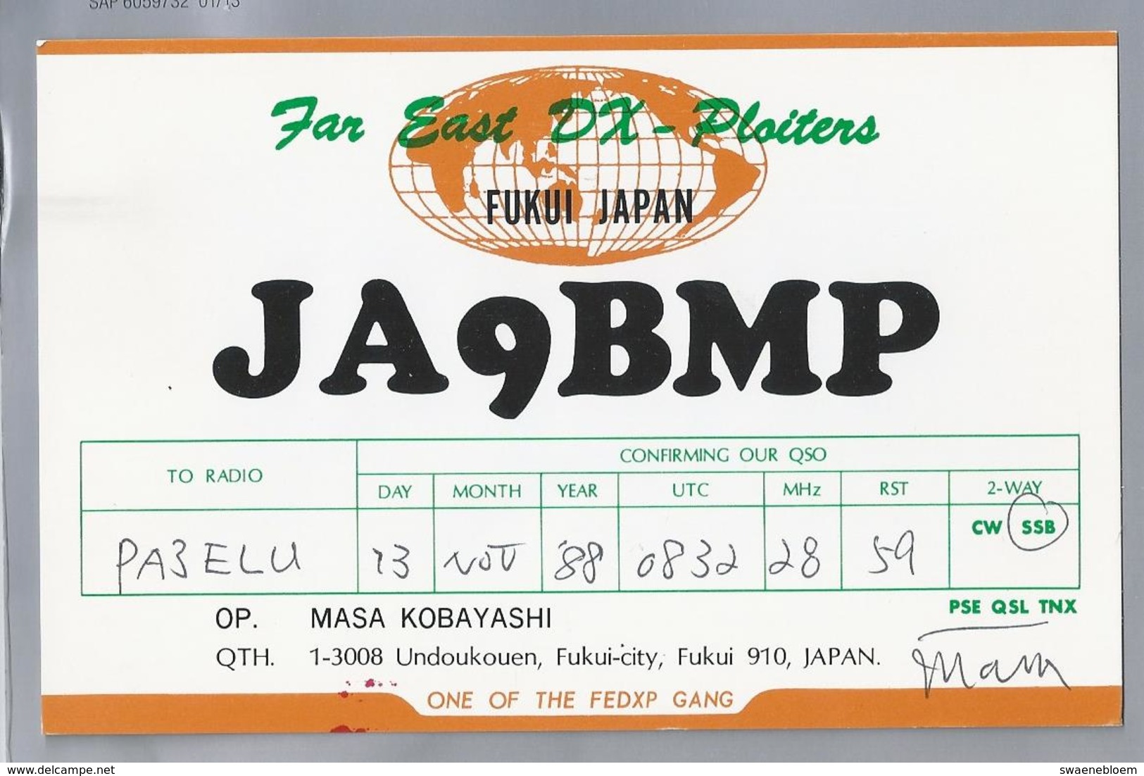 JP.- QSL KAART. CARD. JAPAN. JA9BMP. OP: MASA KOBAYASHI, FUKUI. ONE OF THE FEDXP GANG. - Radio-amateur