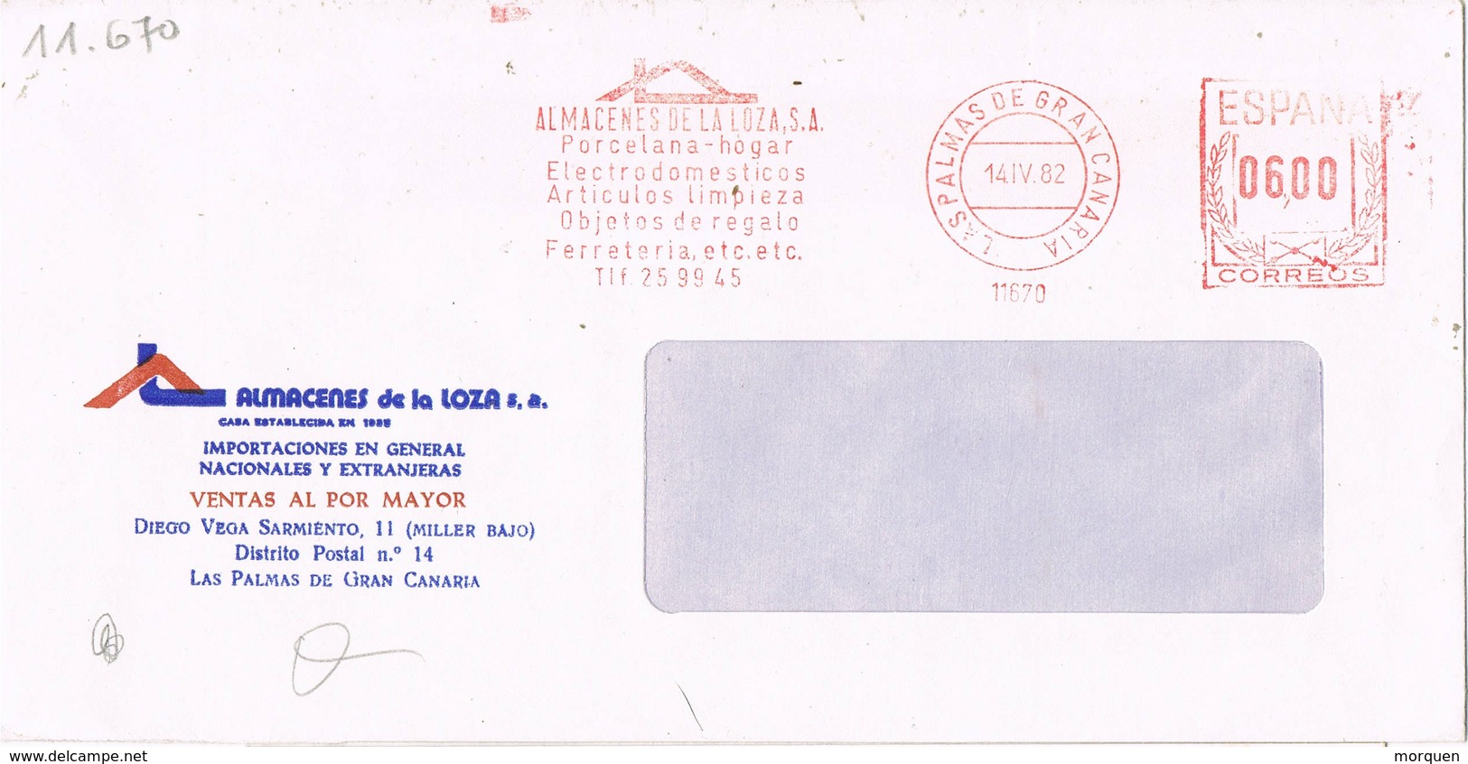 33506. Carta LAS PALMAS Gran Canaria (Canarias) 1982. Franqueo Mecanico ALMACENES De La LOZA - Cartas & Documentos