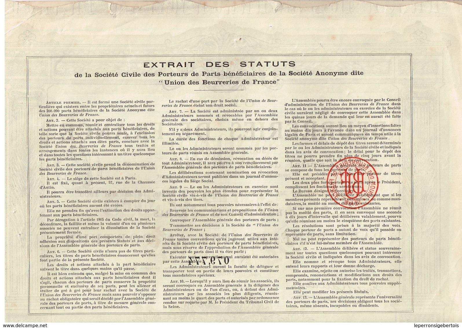 Titre Ancien - Union Des Beurreries De France - Société Anonyme - Titre De 1910 - - Industrie