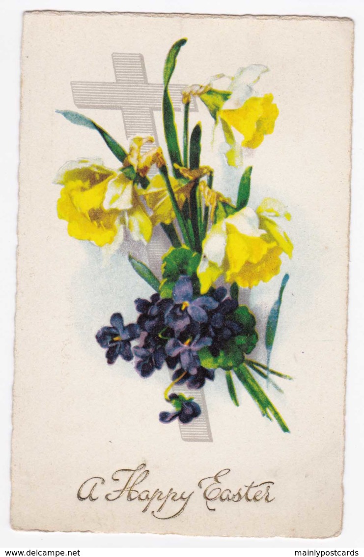 AK34 Greetings - A Happy Easter - Daffodils, Cross, Primulas - Easter