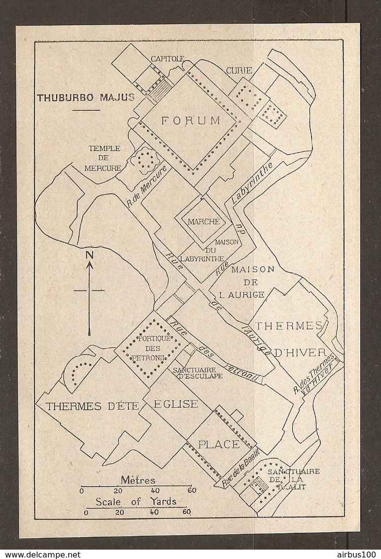 CARTE PLAN 1934 - TUNISIE THUBURBO MAJUS SITE ANTIQUE - FORUM TEMPLE De MERCURE THERMES MAISON De L'AURIGE CURIE - Topographical Maps