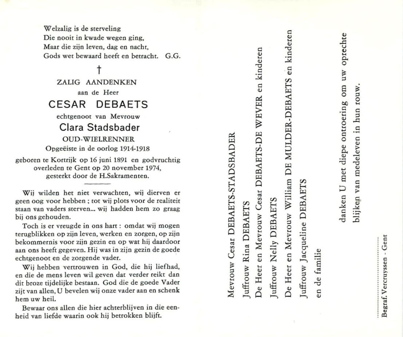 Doodsprentje Van Cesar DEBAETS- Oud-wielrenner- Opgeëiste In De Oorlog 1914-1918- ° KORTRIJK 1891 * GENT 1974 - Religion & Esotérisme