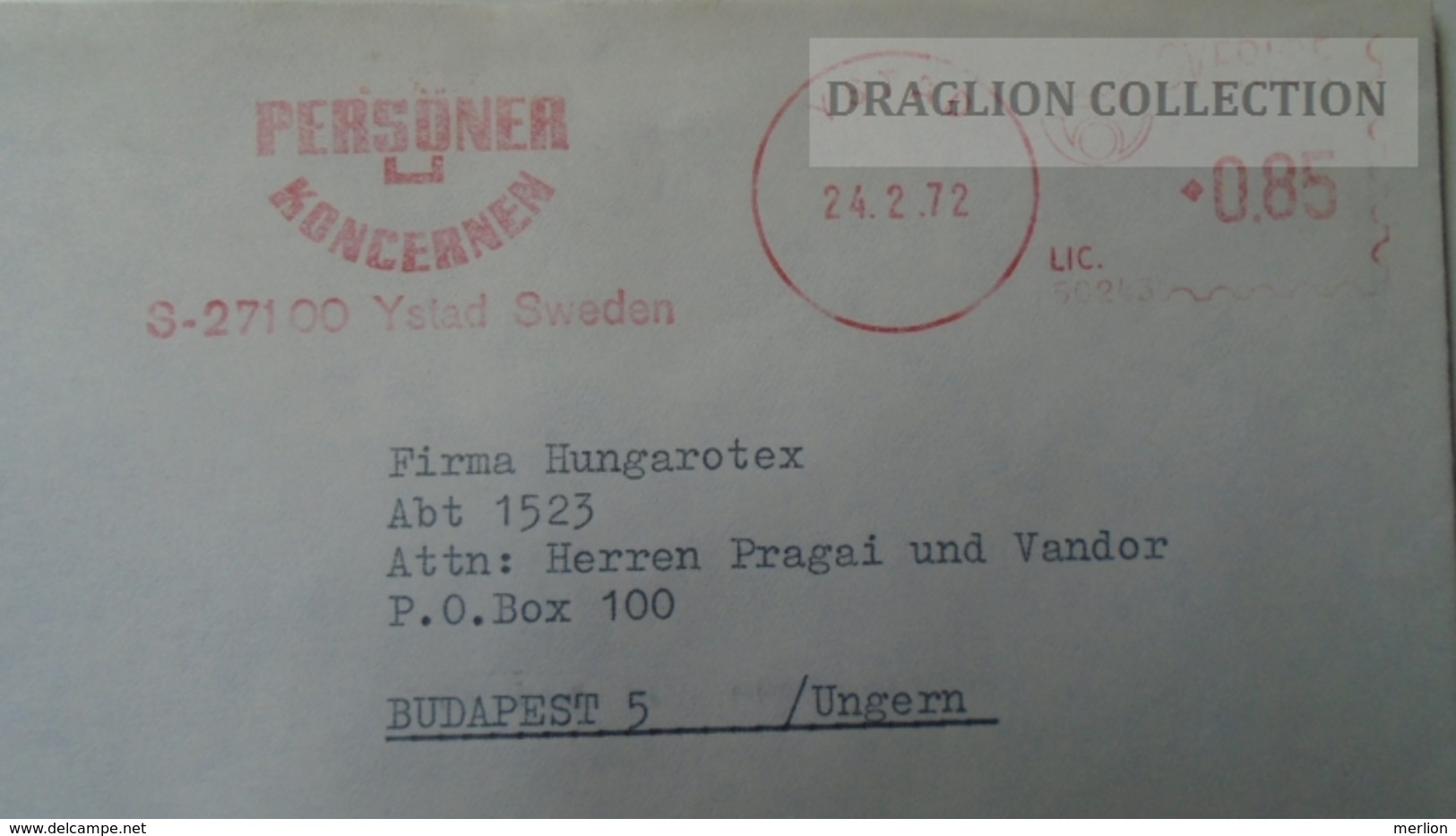 D165805 SWEDEN EMA-METER STAMP -  -Envelope  PERSÖNER Koncernen  YSTAD 1972 - Timbres De Distributeurs [ATM]