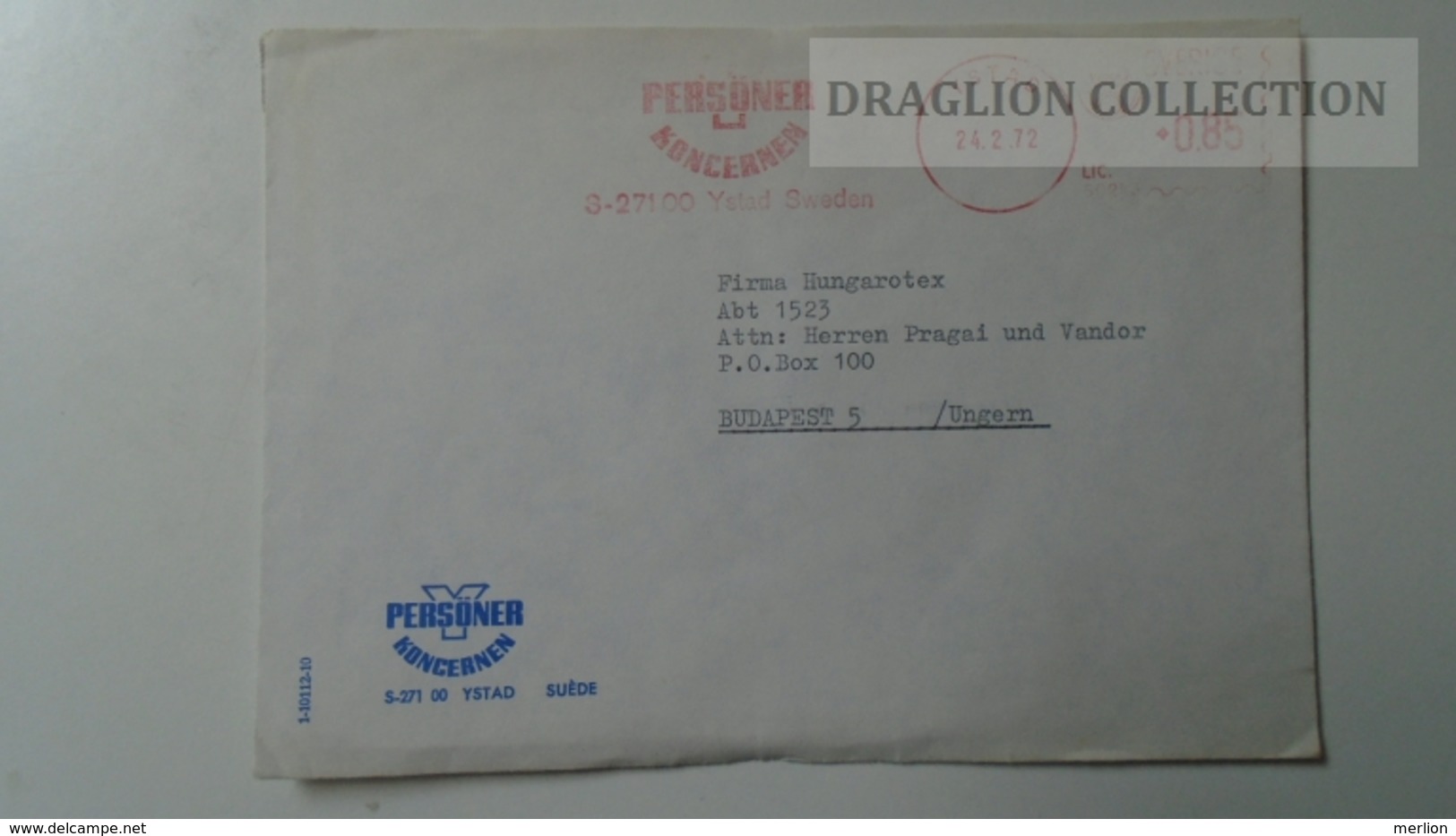 D165805 SWEDEN EMA-METER STAMP -  -Envelope  PERSÖNER Koncernen  YSTAD 1972 - Machine Labels [ATM]
